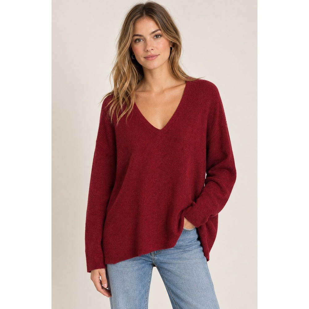 J.Jill Cranberry Red Ribbed V-Neck Cotton Blend Sweater NWT XL